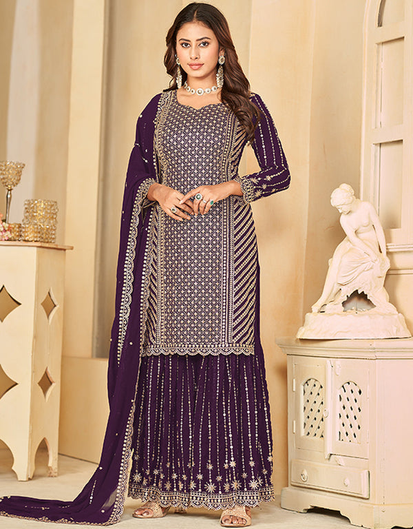 glamorous purple taupe faux georgette heavy designer wedding wear salwar suit with purple taupe faux georgette df-28-10282 Front View